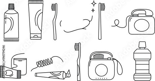 Set of Toothbrush, Toothpaste, and Oral Care Items in Simple Line Art for Hygiene and Health Care Designs