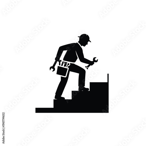Vector silhouette of a man climbing stairs with a toolbox and wrench