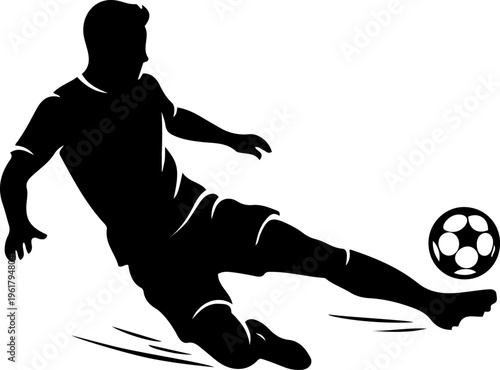 Professional soccer player silhouette performing a sliding tackle with ball, football player sliding kick isolated on white background vector illustration
