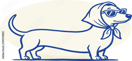 Dachshund in scarf and sunglasses cartoon sketch vector illustration