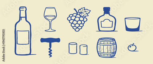 Wine set with grapes and barrel outline sketch vector illustration