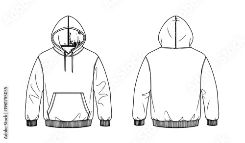Hooded sweatshirt vector line drawing front and back views