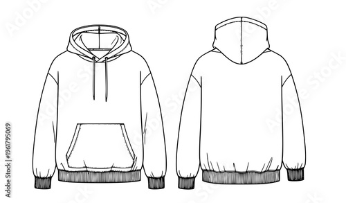 Vector hoodie line drawing front and back fashion apparel template