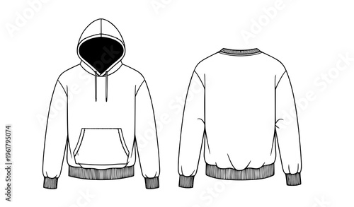 Flat fashion sketches hooded and crewneck sweatshirt vector front back