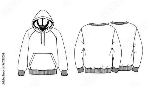 Vector fashion sketches hooded and crewneck sweatshirt front back