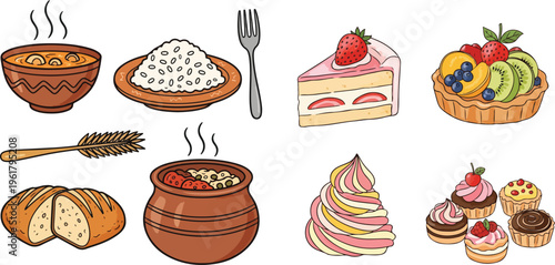 Traditional Festive Food Collection for Easter and Family Celebrations: Soups, Porridge, Cakes, and Sweet Pastries Illustration Set