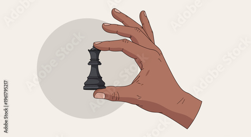 Hand holding chess piece on circular surface with fingers