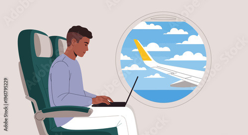 Man works on laptop sitting in airplane seat looking out window at wing and clouds