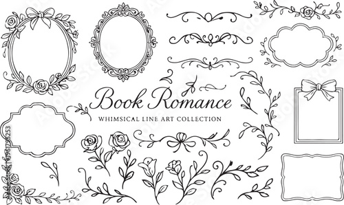 Elegant whimsical line art collection of vintage frames and decorative elements,  for wedding and holiday invitations and cards