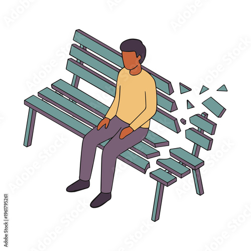 A man sits on a breaking bench in a park.