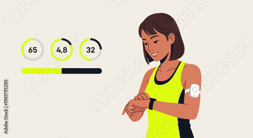Woman checks fitness tracker on arm with wearable device and health metrics displayed