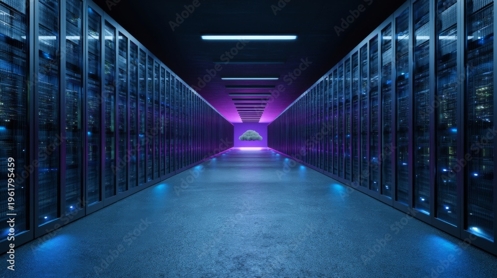 Fototapeta premium Long Data Center Corridor With Small Distant Cloud