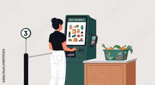 Person using a self-service checkout machine with a basket of produce