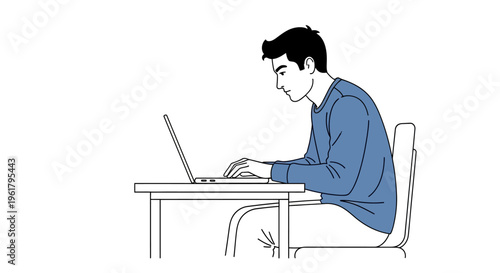 Young man focused on working on his laptop at a desk, simple outline style, isolated white background.