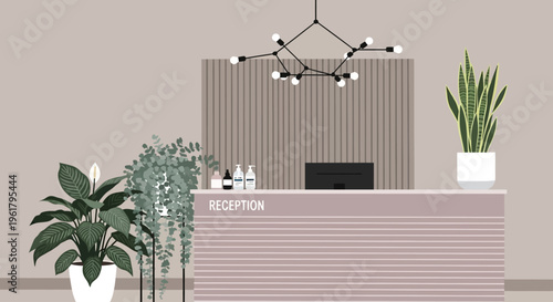 Reception desk with plants and modern light fixture in office lobby area
