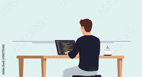 Focused young man working diligently on his laptop, coding and programming, with a coffee cup nearby at a wooden desk in a bright blue background.