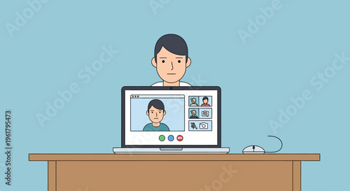 Young man actively participating in a video conference call on a laptop at his desk with a bright blue background, feeling connected.