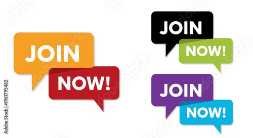 The speech bubbles with JOIN NOW text are arranged in a scattered formation on a blank surface.