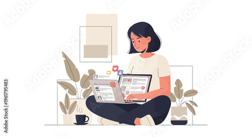 Relaxed young woman sitting on the floor, comfortably working on her laptop for social media or creative content, surrounded by plants and a coffee cup in a cozy home environment.