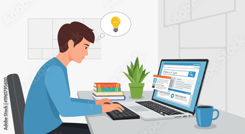 Young man thoughtfully researching on a laptop with a creative idea lightbulb overhead, in a cozy home office setting.