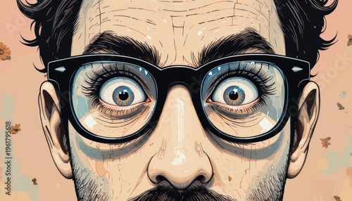 Shocked man with wide eyes in glasses, an intense facial expression. Comic style illustration.