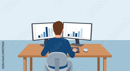 Man working productively at a desk with dual monitors displaying data analysis and charts, in a bright studio.