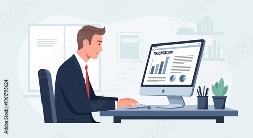 Professional businessman in a suit working diligently at a desk, viewing a presentation on his computer in a modern office.