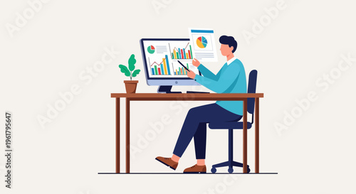Professional man analyzing business data and reports on computer at a wooden desk in a modern office, in bright studio.
