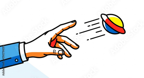 Hand throwing a colorful toy with motion lines illustration.