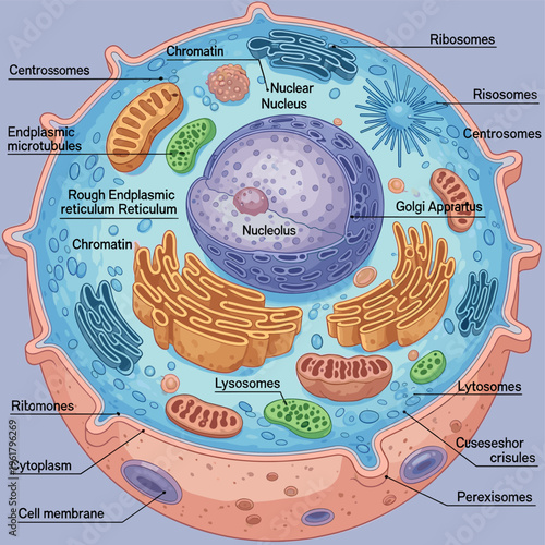 A detailed illustration of an animal cell, showcasing its various organelles and structures within the cytoplasm.