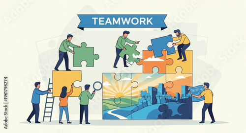 Teamwork Illustration - People Collaborating to Complete a Puzzle.