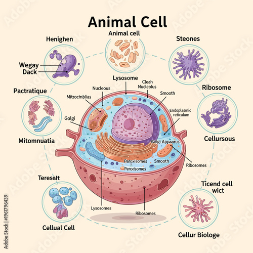 A detailed diagram illustrating the structure of an animal cell with various organelles and associated cellular components.