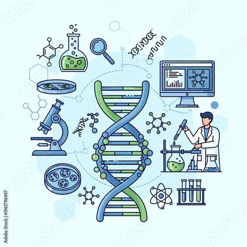 Detailed illustration of genetic research and biotechnology with DNA, lab equipment, and a scientist working in a laboratory setting.