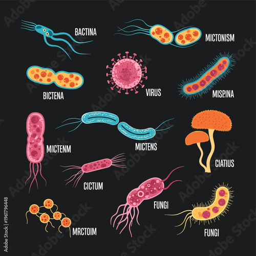 Colorful illustration of various microorganisms including bacteria, viruses, and fungi, each labeled with a unique name, set against a dark background.