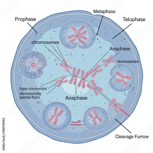 Detailed diagram illustrating the various stages of mitosis in a eukaryotic cell, including prophase, metaphase, anaphase, and telophase.