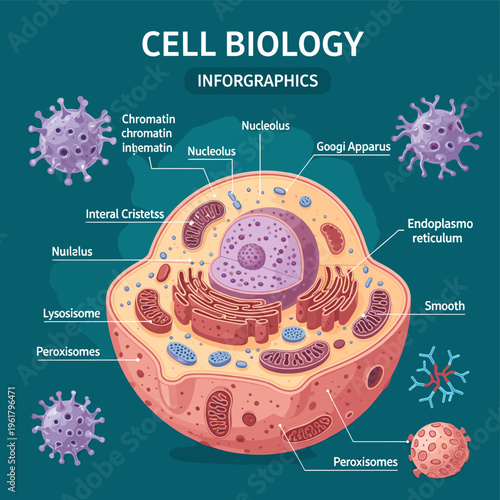 Detailed infographic illustrating the structure of an animal cell with labeled organelles and surrounding viral and neural elements.