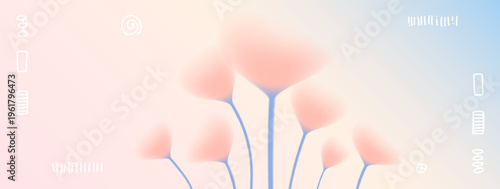 Coral flower bouquet with soft gradient and naive trendy graphic frame on dreamy spring background. Tulip flowers in pastel tones. Botanical vector with delicate shadow bg for fashion design template.