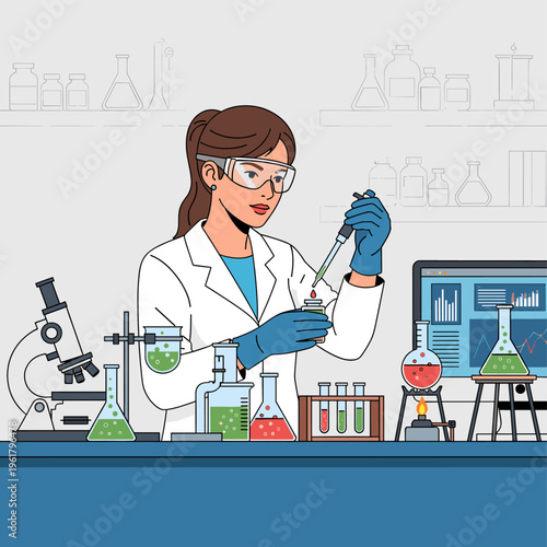 A female scientist in a lab coat and goggles carefully uses a pipette to transfer liquid into a beaker, surrounded by scientific equipment.