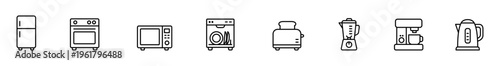 Kitchen appliance icon refrigerator icon oven icon microwave icon dishwasher icon toaster icon blender icon coffee maker icon kettle icon line art illustration of modern kitchen appliance icon set