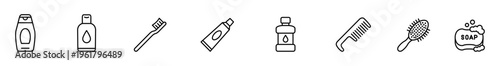 Toiletry icon hygiene icon bathroom icon shampoo bottle lotion bottle toothbrush toothpaste tube mouthwash bottle hair comb hair brush minimalist line collection for bathroom hygiene banner