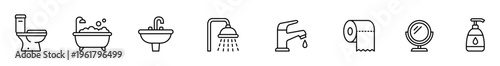 Bathroom icon toilet icon bathtub icon sink icon shower icon faucet icon toilet paper icon mirror icon soap dispenser icon minimal line bathroom icon set with toilet icon bathtub icon sink icon