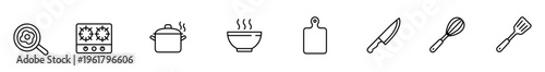 Kitchen icon cooking icon line icon magnifier icon stove icon pot icon bowl icon cutting board icon knife icon whisk icon minimalist kitchen icon set with magnifier icon stove icon pot icon