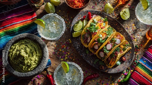 Mexican pork carnitas tacos with guacamole, margaritas and traditional decor on wooden background
