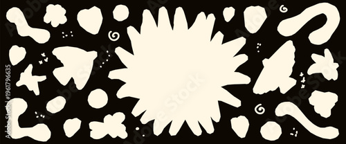 Bird and sun paper cutout set on dark background for folk scrapbook and collage. Naive ivory shapes with bird silhouettes and starburst. Vector sticker set with geometric cutout blobs, worm and doves.