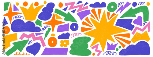 Doodle playful shapes and geometric figures set. Hand drawn naive trinkets isolated on white background. Vector scribbles and stars with yellow crown and blue clouds. Organic geometry crayon forms.