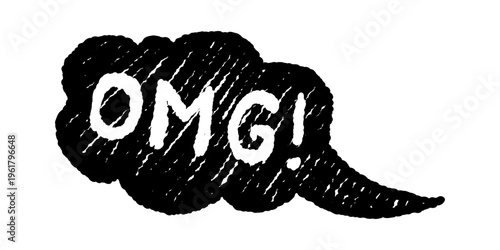 Vector grunge speech bubble with OMG in bold sketchy style. High contrast black and white design, perfect for memes, comic strips, expressive social media graphics.