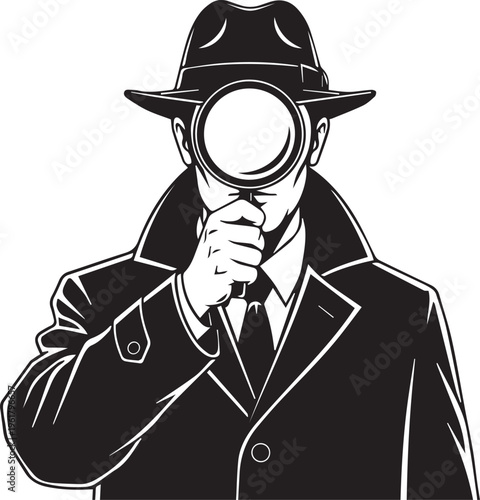 Detective, magnifying glass, black and white, vintage illustration, detective icon