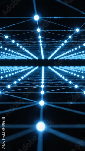 Futuristic technology network with glowing connections and data flow. Vertical.