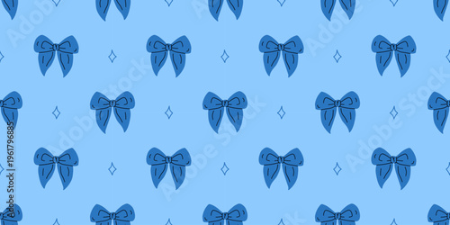 Vector seamless pattern with blue bows and diamond shapes on light blue background. Playful doodle style, suitable for wallpaper, wrapping paper, fabric prints. Print in flat design.