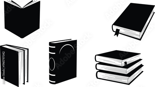 Book silhouettes, open and closed designs, reading concept, literature symbol, education resource, library illustration, study material, academic theme, publishing art, knowledge icon